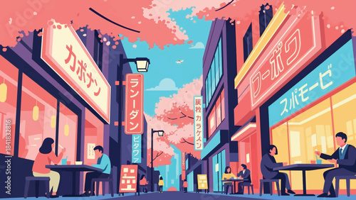 Vibrant illustration of a bustling street scene in Japan with people dining at outdoor cafes under blooming cherry trees.