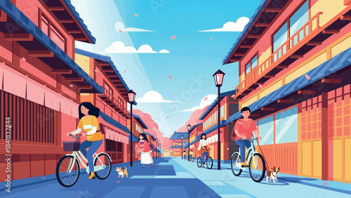 A vibrant illustration of a street scene in a traditional Japanese town with people cycling and small dogs accompanying them.