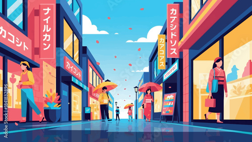 Vibrant illustration of a Japanese street scene with people holding umbrellas and shops lining the colorful avenue.