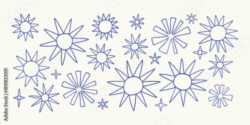 Doodle star glitter sparkles line art. Scribble, crayon, marker. Starburst, radiant shape and twinkle icons. Magical glitter, shiny spark or bright twinkling star vector set.