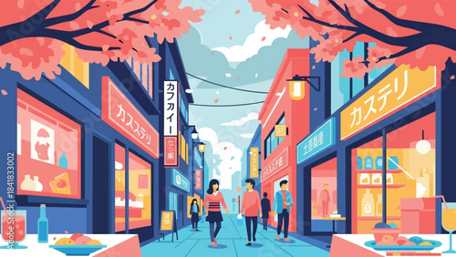 A vibrant, stylized illustration of a bustling street scene in Japan during cherry blossom season.