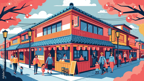 A vibrant illustration of a bustling street scene in a traditional Japanese town with people walking and shops lining the road.