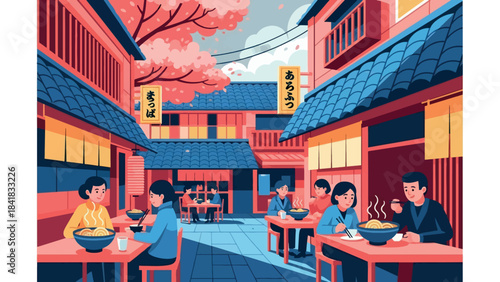 Stylized illustration of people enjoying a meal at outdoor tables in a vibrant traditional Japanese street lined with buildings and cherry blossoms.