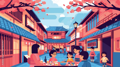 A vibrant illustration of a traditional Japanese street with cherry blossoms, people dining outdoors, and historic buildings under a clear sky.