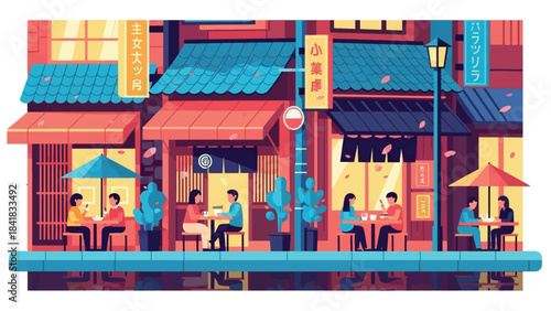 A vibrant, stylized illustration of people dining outdoors at cafes along a bustling city street with colorful storefronts.