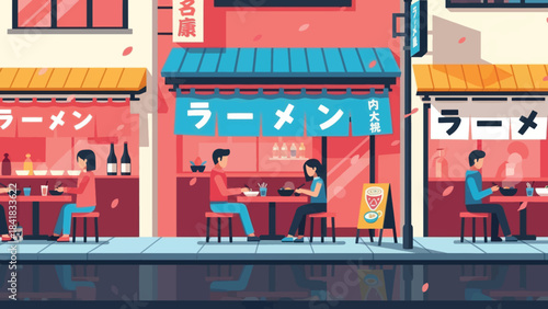 A vibrant illustration of a bustling ramen shop on a city street, with patrons enjoying their meals indoors and outdoors.
