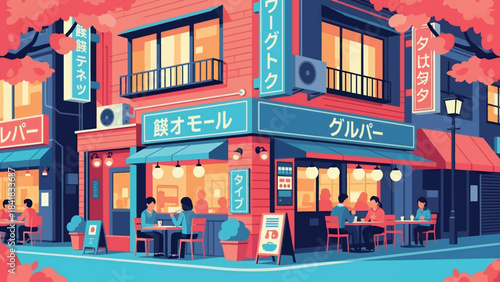 A vibrant, stylized illustration of a bustling street corner cafe in Japan, with people dining and warm lights illuminating the scene.