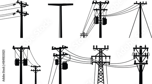 Silhouette sketch of utility poles and transmission towers, electrical infrastructure, power distribution system, vintage illustration, engineering design