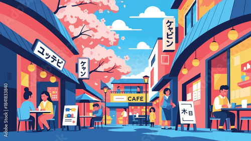 Vibrant illustration of a Japanese street scene with cherry blossoms in bloom and people enjoying cafes.
