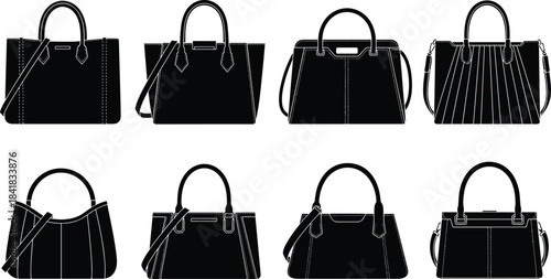 Silhouette sketch of various handbags, fashion accessories, shoulder bags, purse styles, vintage illustration, design variety, retail concept art