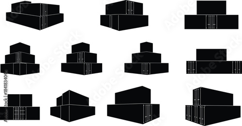 Stacked box silhouettes, geometric prism icons, black vector set, spatial arrangement, 3D perspective, cube configuration, design structure