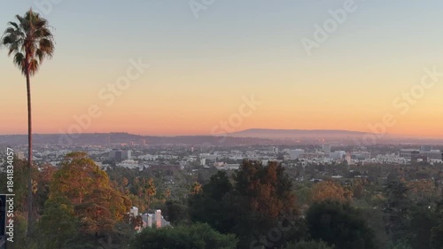 Beautiful panoramic aerial Los Angeles and Beverly Hills vista at sunset, Southern California
