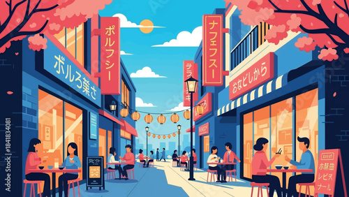 A vibrant, stylized illustration of a bustling Japanese street scene with people dining outdoors under cherry blossom trees and lanterns.