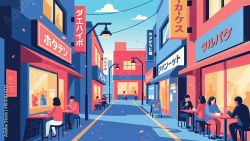 A vibrant, stylized illustration of a bustling city street with people dining outside colorful storefronts under a bright sky.