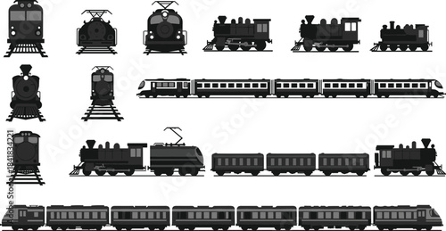 Train silhouette set, steam electric modern, front side views, black vector icons, locomotive styles, passenger rail, transport evolution