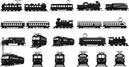 Train silhouette set, steam electric modern, passenger locomotive icons, black vector transport, railway evolution, high-speed rail, vintage engine collection
