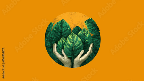 Hands Gently Cupping Lush Green Leaves on Orange Background - Environmental Care, Nature Conservation, Growth Concept Illustration
