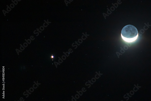 Conjunction of the moon and Jupiter with its 4 moons, Io, Europa, Gaminides and Callisto