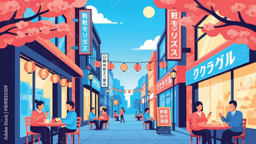 A vibrant illustration of a bustling Japanese street scene with cherry blossoms, cafes, and people enjoying the outdoors.