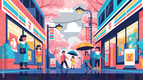 A vibrant flat illustration of people walking with umbrellas on a rainy street lined with shops and cherry blossom trees in an Asian city.