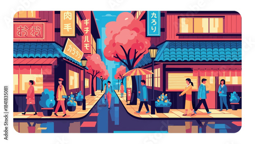 A vibrant illustration of a bustling street scene in a Japanese town during springtime, with cherry blossoms in full bloom.