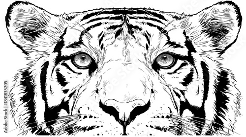 Detailed Black and White Tiger Face Illustration. Close-up Portrait of a Majestic Wild Animal Head with Striking Stripes and Eyes.