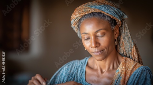 Tabitha sewing garments in her small upper room as sunlight filters through wooden shutters, casting delicate patterns across the colorful fabrics while her gentle.