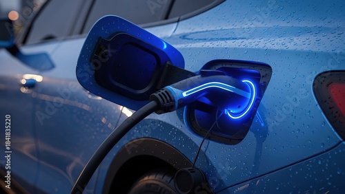 Electric vehicle charging close up detail shot showing glowing blue charging port connected with cable concept of sustainable future energy and modern transportation technology