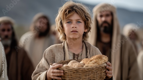 The boy with five loaves offering his small basket forward as late afternoon sunlight reflects in his wide innocent eyes.