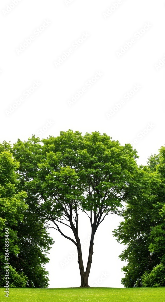 Fototapeta premium Isolated forest canopy of lush green deciduous trees silhouetted against a pure white studio backdrop, providing ample copy space, concept, organic, pure