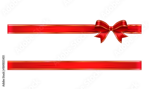 Red satin bow with double gold trim on horizontal ribbon right side, glossy vector element for vouchers, coupons, sales, holidays, Christmas and gift packaging
