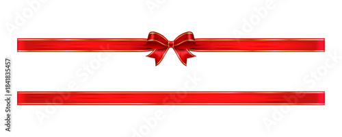 Red satin bow with double gold trim on horizontal ribbon, glossy decorative vector element for gifts, greeting cards, holidays, Christmas, birthdays and festive packaging design