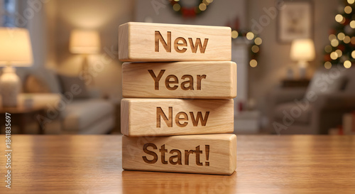 Decorative wooden blocks with inspirational New Year message on festive background