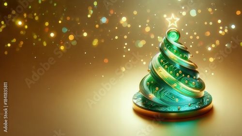 abstract spiral green Christmas tree made by circuit board elements blends festive spirit with modern technology. digital structure, glowing lines, and PCB-inspired shapes create a futuristic holiday