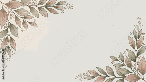 Elegant botanical corner design with muted green and pink leaves on a light background, perfect for invitations or decorative frames.