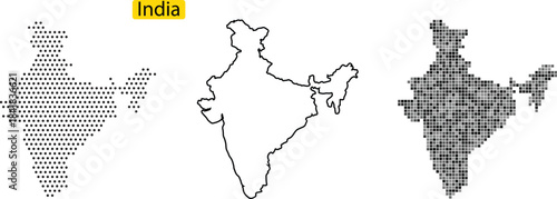 Three different styles of india maps in dotted and outlined forms