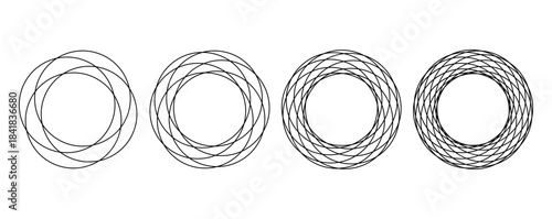 Four black and white circular shapes with varying line patterns on a