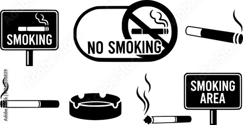 Collection of Smoking and No Smoking Signs with Cigarette Icons
