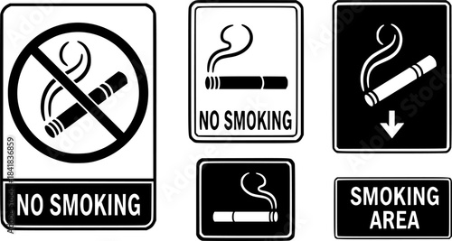 Collection of Smoking and No Smoking Signs with Cigarette Icons
