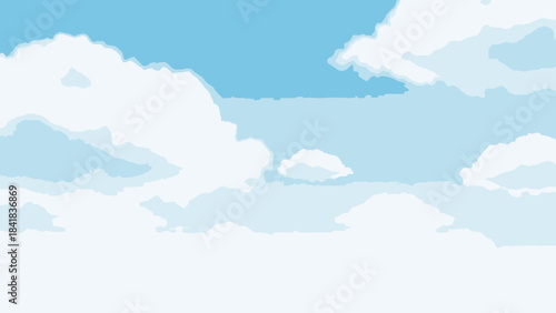 A serene and soft blue sky filled with fluffy white clouds, creating a peaceful and airy atmosphere.