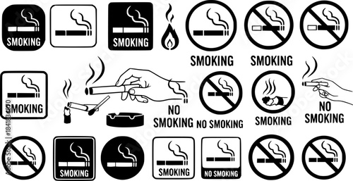 Collection of Smoking and No Smoking Signs with Cigarette Icons
