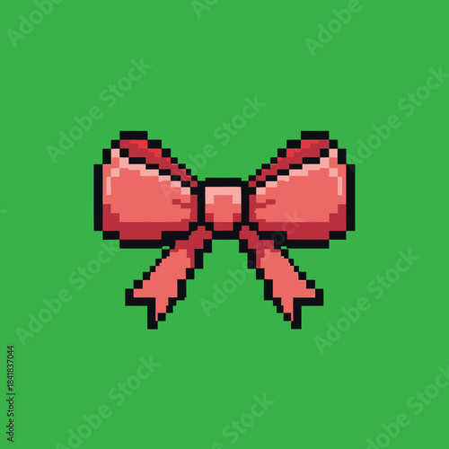 A pixel art illustration of a cute pink bow with a dark outline, set against a vibrant green background.