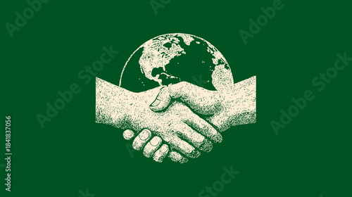 Textured illustration of two hands shaking with a globe, symbolizing global unity, environmental cooperation, peace, and sustainability.