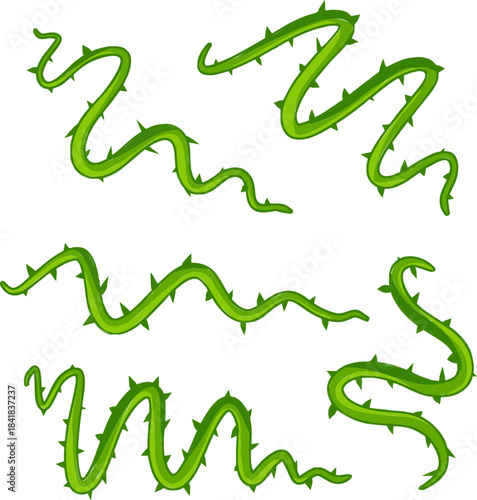 Thorn vine set, green twisted vines with sharp thorns doodle collection. Wavy thorn vine set in cartoon style for frame or decorative element.