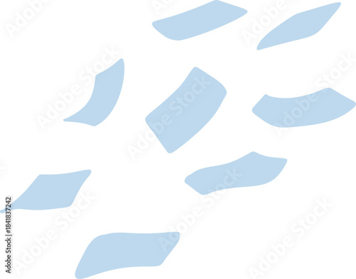 Abstract light blue pieces, torn paper or snow flakes texture overlay design element. Simple abstract light blue shapes isolated on white for decoration or background.