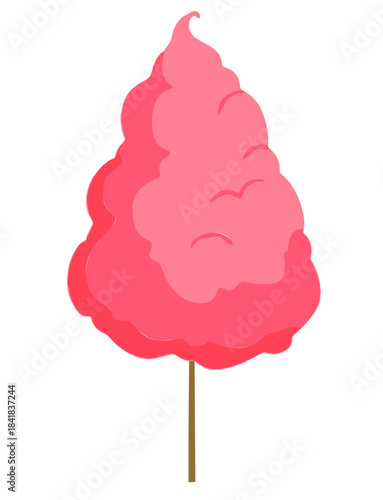 Pink cotton candy, sweet and fluffy sugar treat on a stick, isolated on white. Cartoon style pink cotton candy illustration with bright colors.