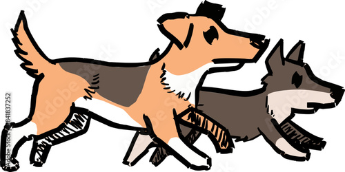 Running puppies doodle, cute pair of hand drawn dogs in fast motion. Cartoon running puppies doodle in an active, playful drawing style.