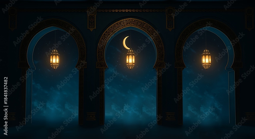Fototapeta premium Illuminated Arches at Night with Crescent Moon