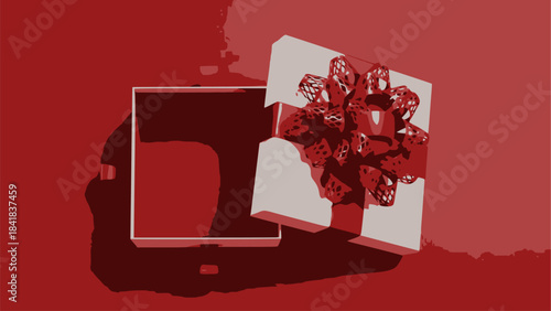 🎁 Top-down vector illustration of an opened, blank white gift box display mock-up with a detached red ribbon bow, set against a dramatic, monochromatic red background. Product presentation and surpri