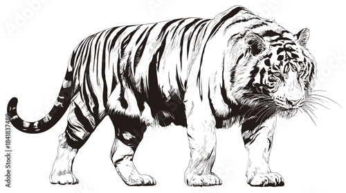 Majestic Black and White Tiger Illustration. Detailed Wild Big Cat Graphic Drawing with Stripes. Powerful Wildlife Animal Art.